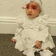 Anayat Kaur is registered to the contest to win money with this photo: baby, child, white_dress, lace, headband, flower, socks, carpet, wall, glasses, novelty_glasses, indoor, portrait, cute, sitting, young_child, fashion, accessory, headwear, footwear