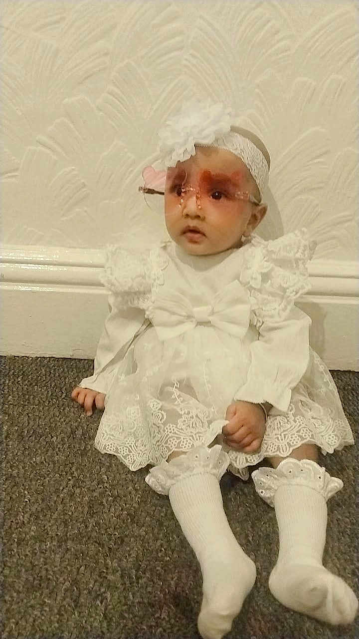 Anayat Kaur is registered to the contest to win money with this photo: baby, child, white_dress, lace, headband, flower, socks, carpet, wall, glasses, novelty_glasses, indoor, portrait, cute, sitting, young_child, fashion, accessory, headwear, footwear