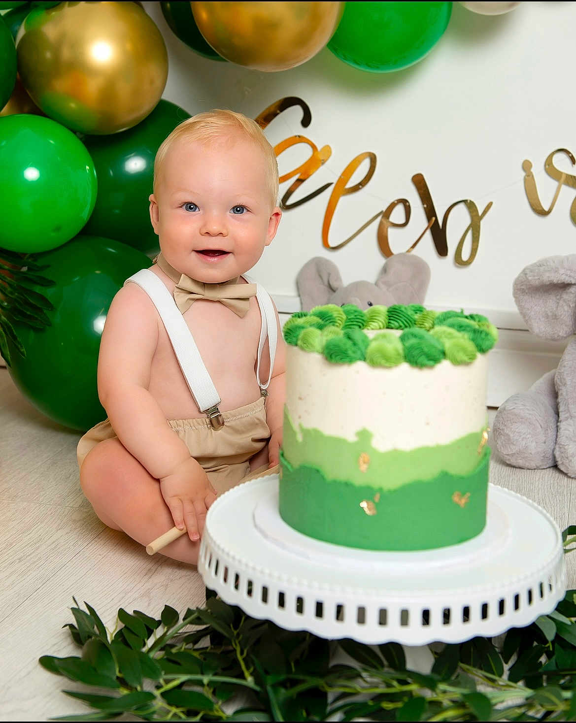 Caleb joined the competition — help win amazing prizes! baby, child, cake, birthday, balloons, green, gold, bow_tie, suspenders, plush_toy, elephant, celebration, floor, smiling, happy, party, decorations, white_stand, plant_leaves, indoor