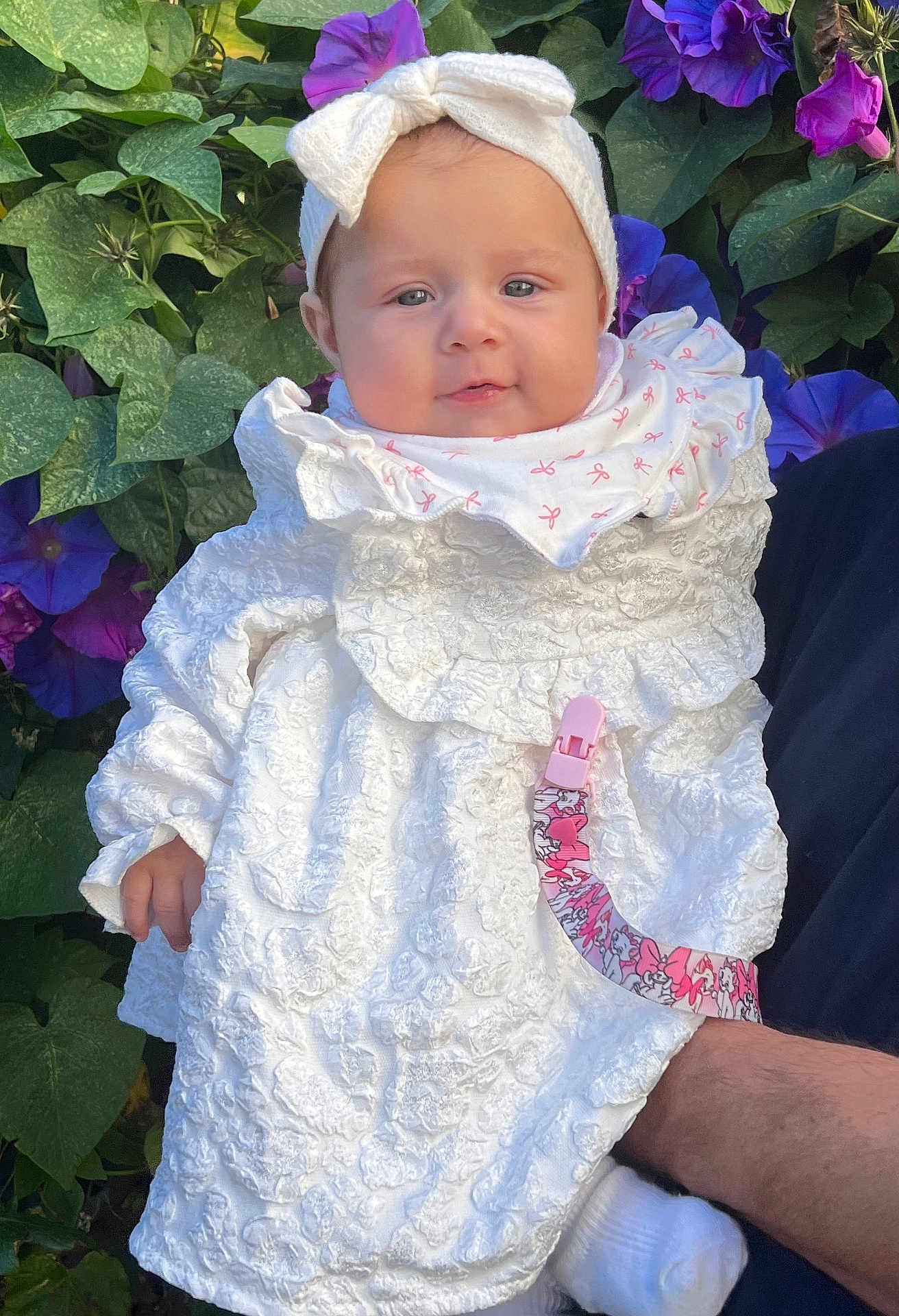 Léana participe au concours pour gagner de l'argent avec cette photo : baby, infant, white_clothing, headband, bow, pacifier_clip, pink, purple_flowers, green_leaves, outdoor, portrait, cute, child, face, hands, sock, person, nature, floral, smiling