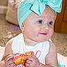 Wrenleigh joined the competition — help win amazing prizes! baby, child, blue_eyes, headband, bow, donut, food, indoor, carpet, clothing, cute, hands, portrait, smile, messy, face, sitting, person, toddler, colorful