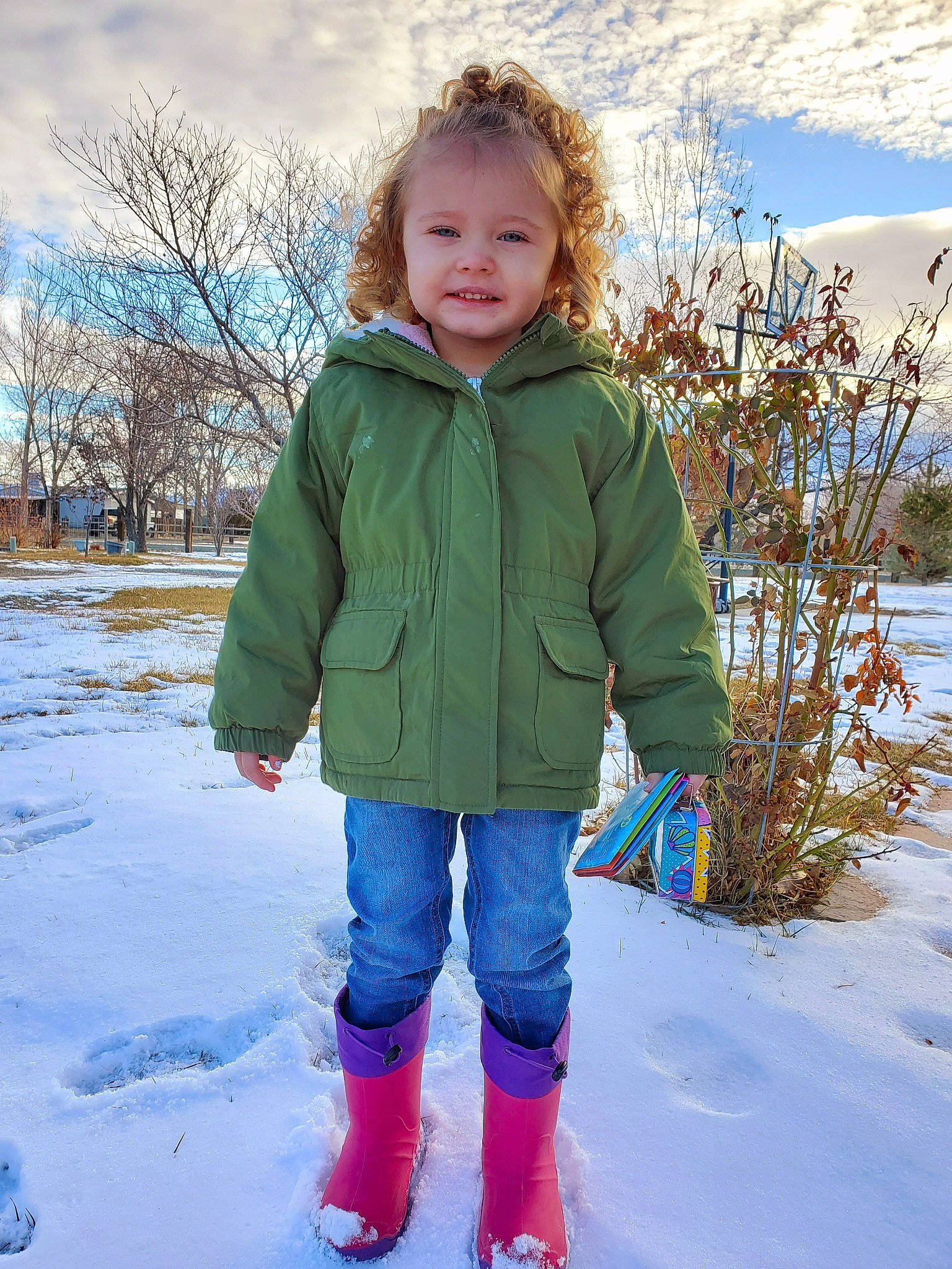 Aleah is registered to the contest to win money with this photo: child, coat, footwear, freezing, fun, hoodie, ice, jacket, jeans, outerwear, person, play, playing_in_the_snow, snow, standing, toddler, top, tree, trousers, vacation