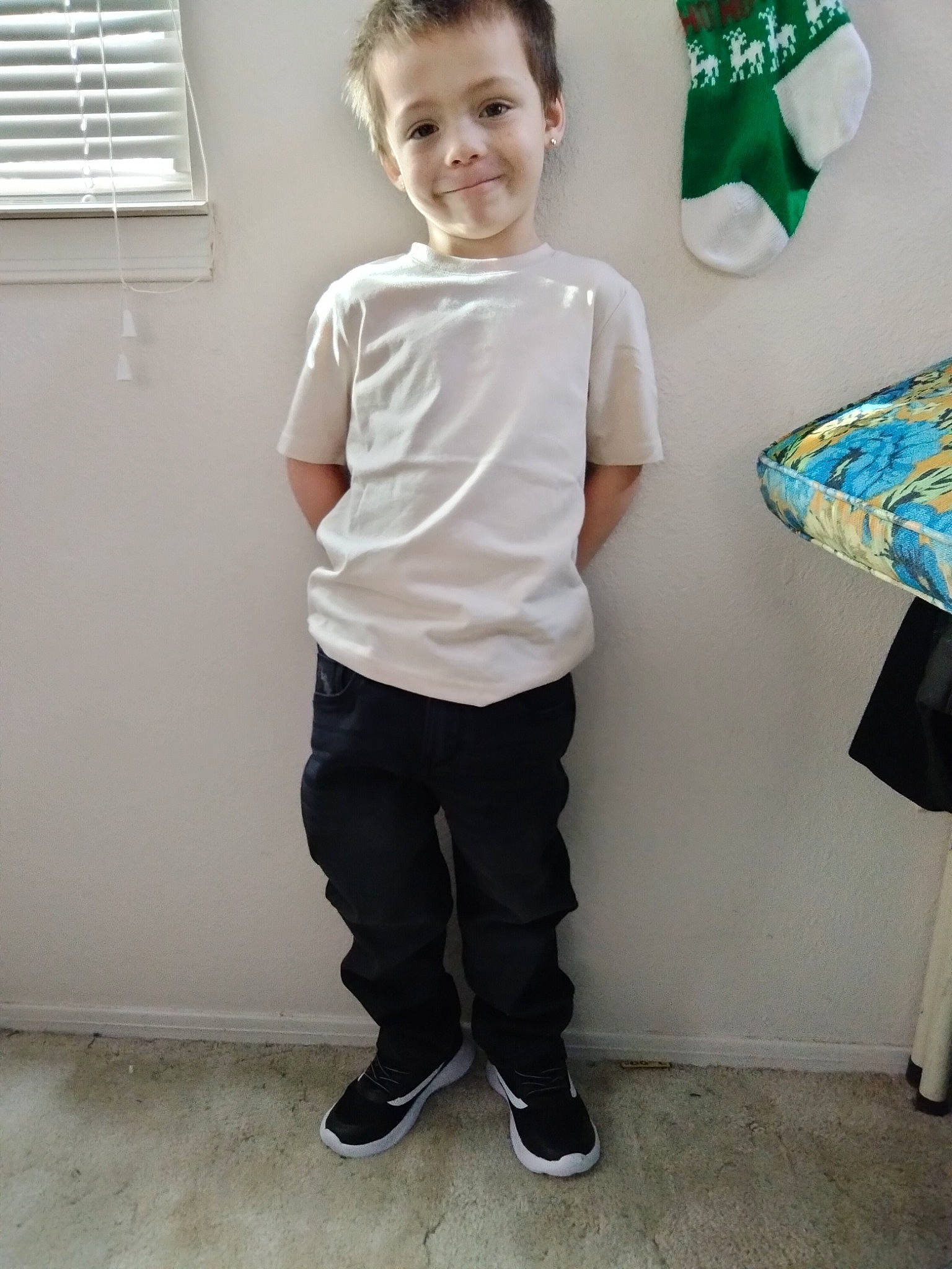 Eli joined the competition — help win amazing prizes! baby_toddler_clothing, blue, child, electric_blue, fun, human_leg, joy, knee, leg, pattern, person, room, sleeve, smile, standing, t_shirt, toddler, top, visual_arts, waist