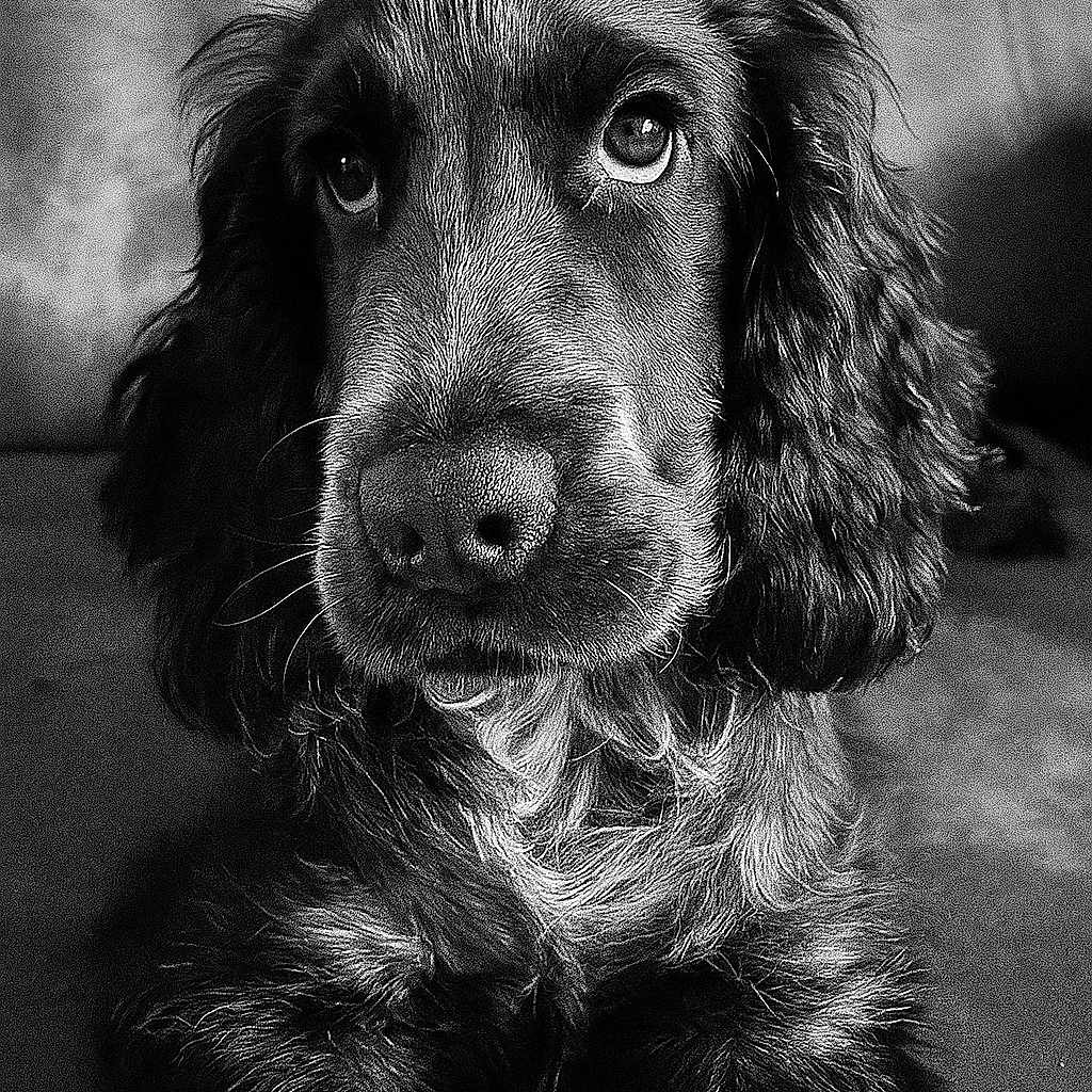 Achille participe au concours pour gagner de l'argent avec cette photo : animal, black_and_white, calm, close_up, companion, couch, dog, domestic_animal, ears, expressive_eyes, fluffy, fur_texture, indoors, nostrils, pet, portrait, sitting, snout, wavy_fur, whiskers