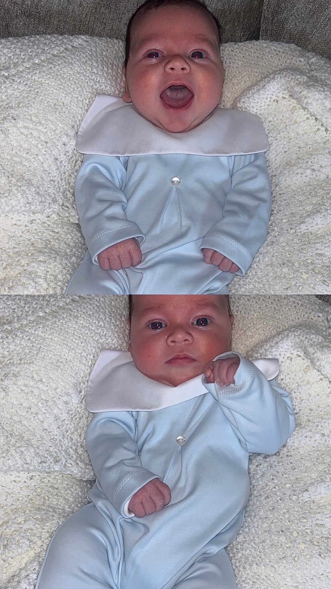 Myles is registered to the contest to win money with this photo: baby, infant, blue_outfit, white_collar, knitted_blanket, smiling, calm, cute, child, portrait, indoors, cozy, soft_texture, hands, face, person, newborn, expression, lying_down, closeup