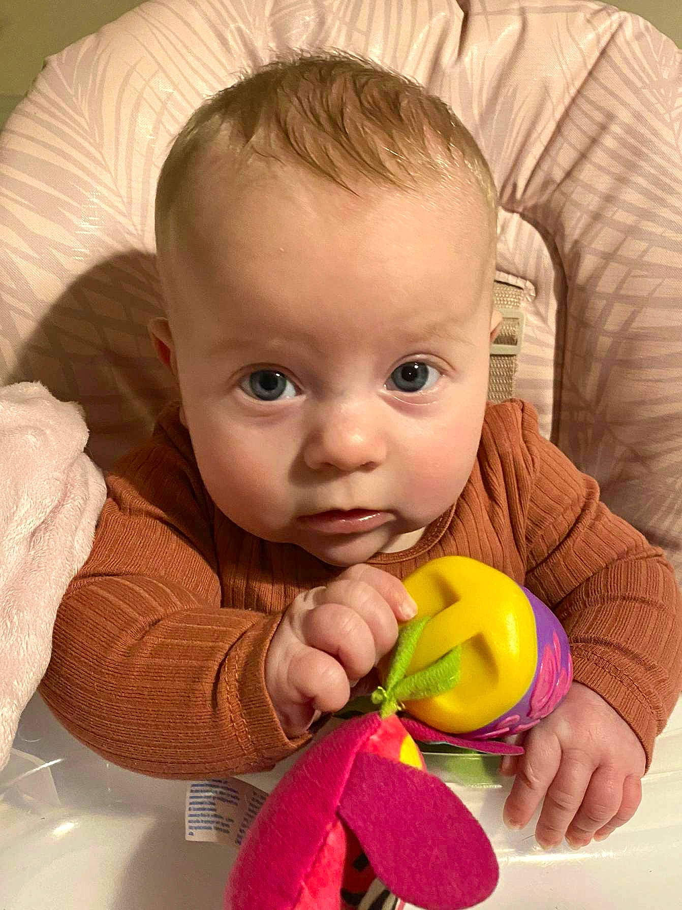 Lottie is registered to the contest to win money with this photo: baby, baby_playing_with_toys, cheek, chin, ear, eye, eyebrow, eyelash, face, facial_expression, hair, hand, head, iris, lip, mouth, nose, organ, person, product