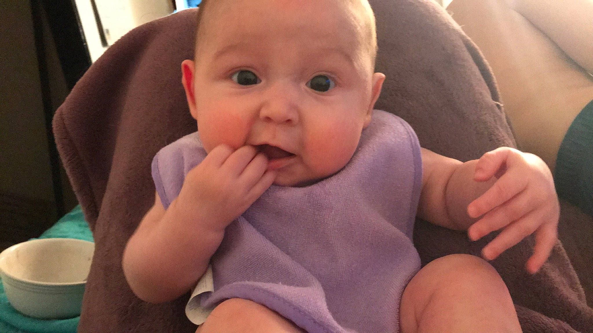 Lailah is registered to the contest to win money with this photo: baby, baby_making_funny_faces, cheek, child, chin, eye, face, facial_expression, finger, hand, head, leg, lip, mouth, neck, nose, person, skin, surprise, thumb