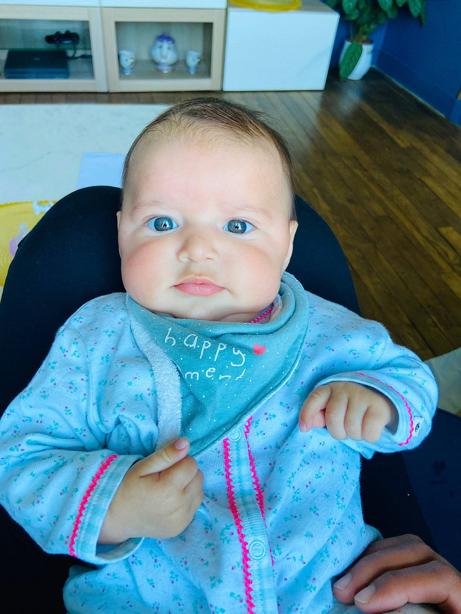 Zalie participe au concours pour gagner de l'argent avec cette photo : azure, baby, baby_toddler_clothing, blue, cheek, chin, eye, finger, flowerpot, gesture, happy, iris, mouth, nose, outerwear, person, picture_frame, skin, sleeve, standing