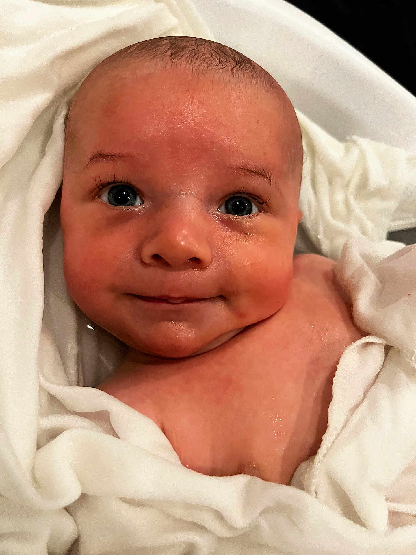 Lukia Saint joined the competition — help win amazing prizes! baby, infant, face, skin, eyes, smile, towel, wet, closeup, newborn, child, portrait, cute, expression, bath, blanket, soft, head, young, adorable