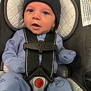 Lukia Saint is registered to the contest to win money with this photo: baby, infant, child, car_seat, safety_harness, blue_clothing, hat, beanie, straps, seat_padding, cute, indoors, face, expression, human, small_child, newborn, portrait, seatbelt, comfort