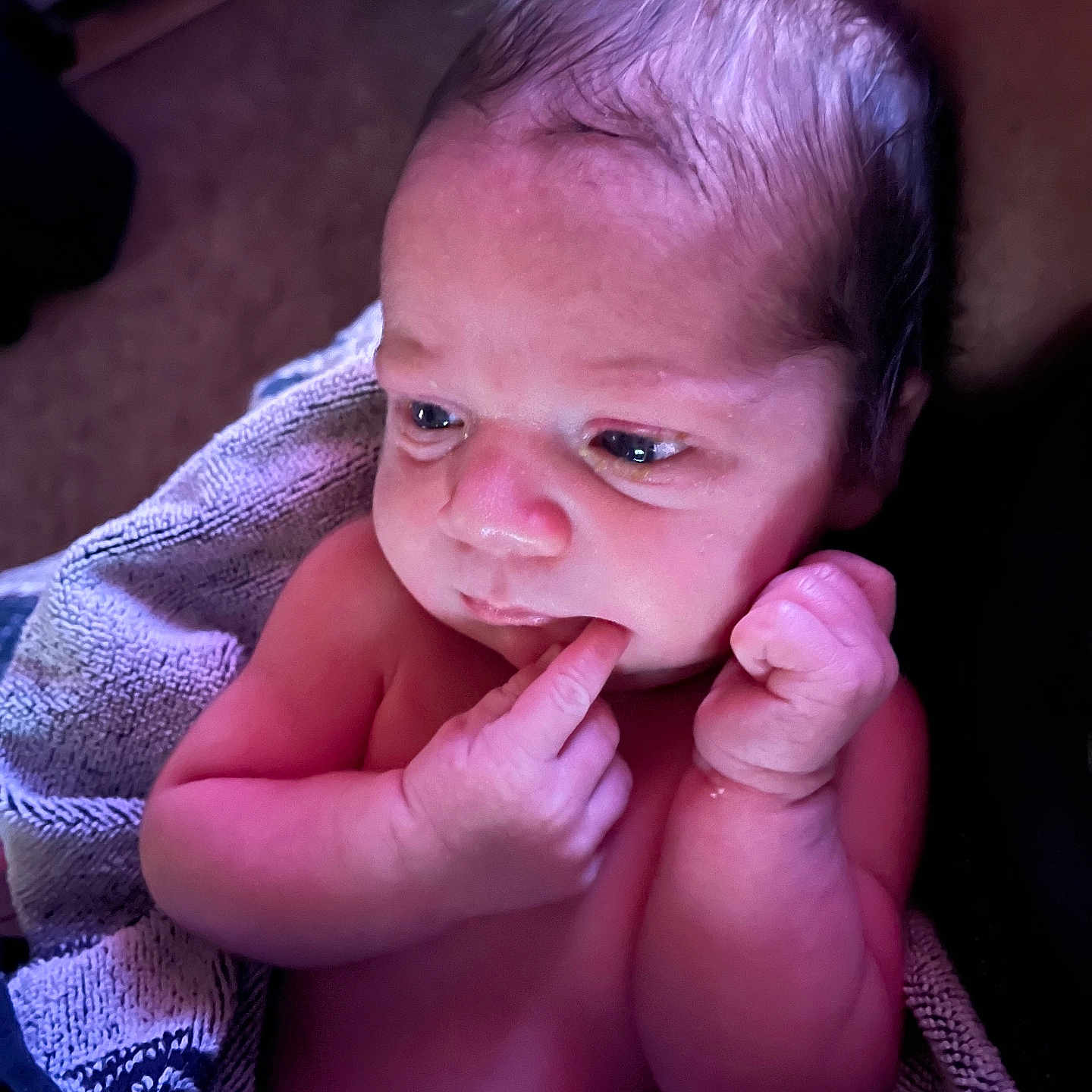 Forrest joined the competition — help win amazing prizes! baby, bodypart, face, finger, hand, happy, head, mouth, newborn, person, photography, portrait, smile, towel