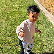 Keith joined the competition — help win amazing prizes! child, toddler, park, grass, sunlight, sweatshirt, pants, shoes, walking, outdoor, daytime, cute, young_child, person, casual_clothing, black_hair, socks, sidewalk, shadow, nature
