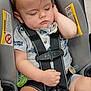 baby, child, car_seat, sleeping, pacifier, toddler, safety_harness, clothing, shorts, shirt, indoor, seatbelt, resting, cute, infant, person, peaceful, young_child, head, hand