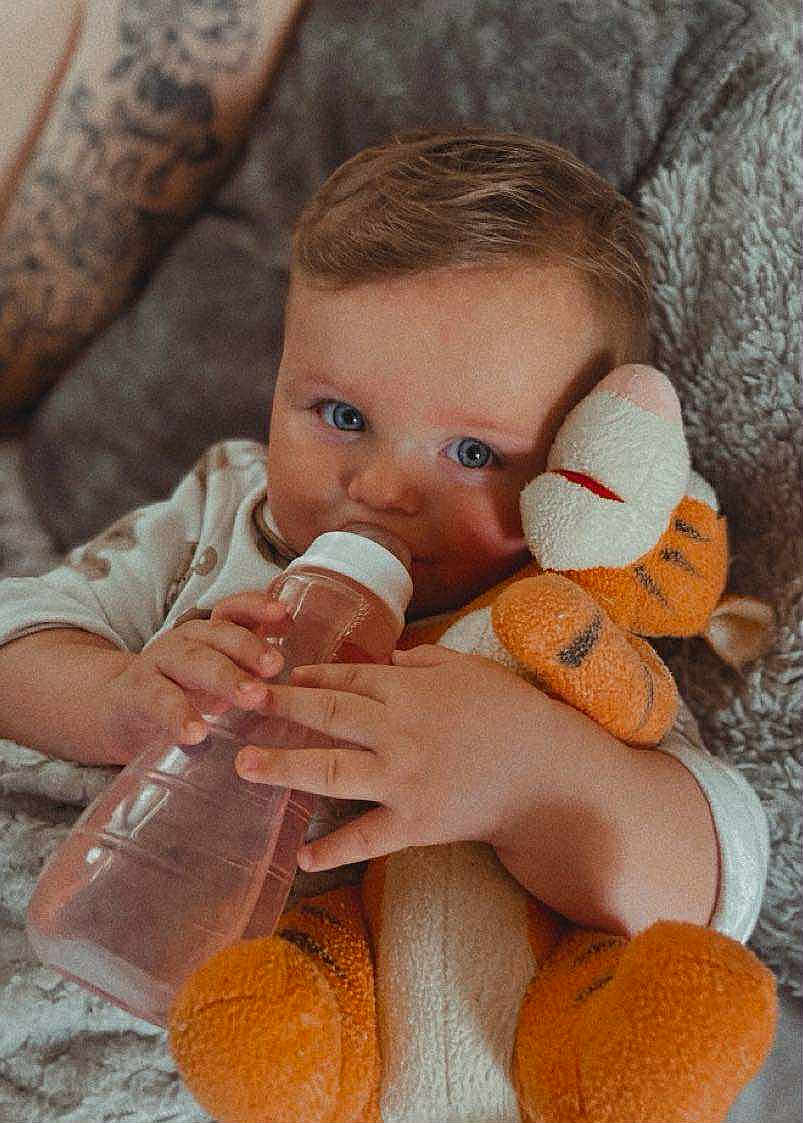Arthur is registered to the contest to win money with this photo: baby, bottle, plush_toy, tiger, tattoo, child, couch, blanket, blue_eyes, cute, indoor, person, soft_toy, snuggling, hand, infant, relaxing, cozy, portrait, young_child