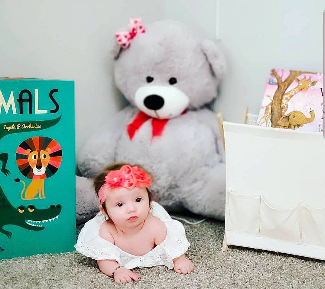 Story is registered to the contest to win money with this photo: baby, child, head, person, pink, plush, product, room, smile, stuffed_toy, teddy_bear, textile, toddler, toy