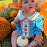 baby, child, portrait, pumpkin_patch, pumpkins, gourds, outdoor, autumn, fall, blue_bow, gingham_outfit, costume, sitting, grass, white_pumpkin, orange_pumpkins, wide_eyed, infant, harvest, seasonal