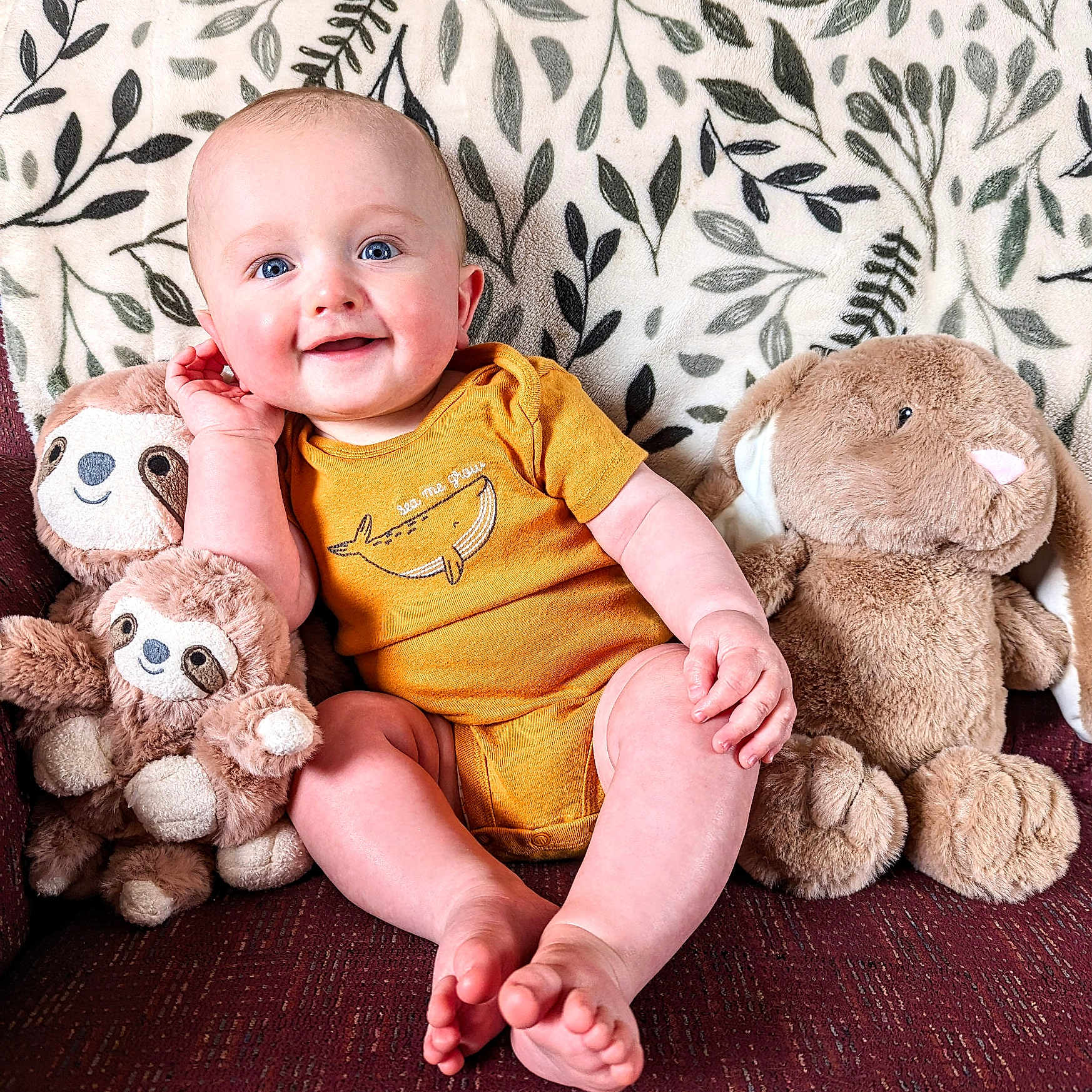 Theodore is registered to the contest to win money with this photo: baby, blanket, bodypart, couch, cushion, face, finger, furniture, hand, happy, head, homedecor, person, photography, plush, portrait, sitting, smile, teddybear, toy