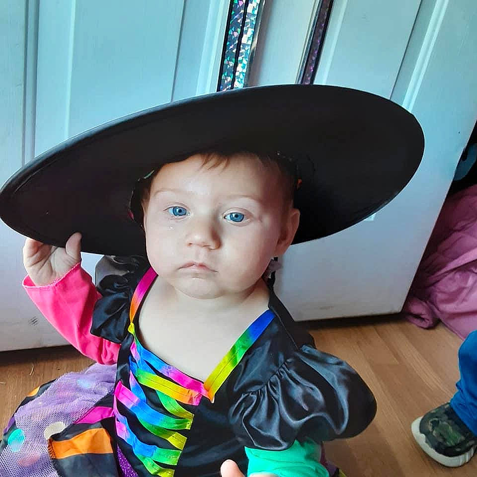 Kenley is registered to the contest to win money with this photo: baby, baby_toddler_clothing, child, costume, costume_accessory, costume_hat, cowboy_hat, fedora, hat, headgear, person, sun_hat, toddler, walking_shoe