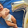 baby, child, diaper, smile, happy, blue_blanket, number_balloon, silver_balloon, celebration, infant, cute, lying_down, skin, chubby, hand, foot, face, indoors, portrait, one