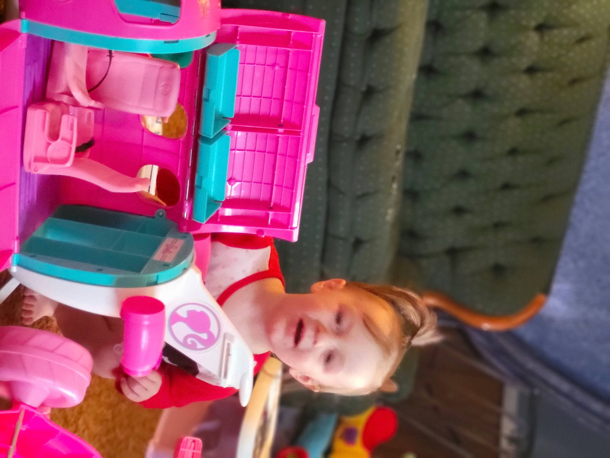 Olivia joined the competition — help win amazing prizes! child, dollhouse, fun, green, happy, house, leisure, magenta, person, pink, plant, plastic, play, recreation, shelf, smile, toddler, toy, tree, wood