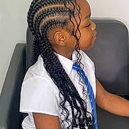Angel is registered to the contest to win money with this photo: child, braids, curly_hair, white_shirt, blue_tie, gray_chair, side_view, young_person, hairstyle, portrait, indoor, fashion, school_uniform, sitting, calm, profile, black_hair, neat, cute, person