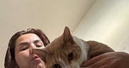 Malcom joined the competition — help win amazing prizes! cat, cats, woman, person, portrait, selfie, orange_and_white, pet, cuddling, indoor, bedroom, lying_down, face, whiskers, ears, fur, blue_shirt, hand, close_up, companion_animal