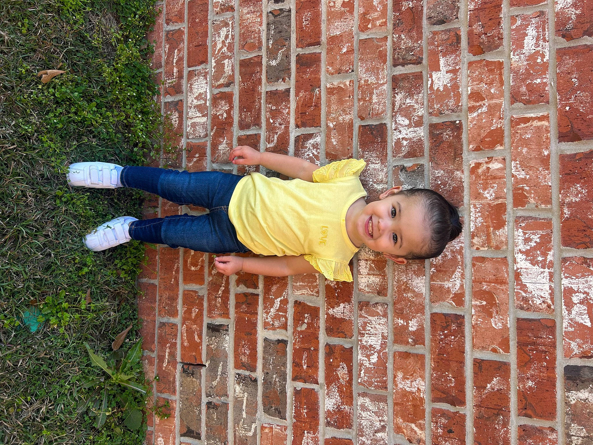 Gracie is registered to the contest to win money with this photo: baby, baby_toddler_clothing, brick, brickwork, child, fence, flooring, fun, grass, happy, joy, leaf, leisure, pattern, people_in_nature, person, plant, sitting, toddler, vertebrate