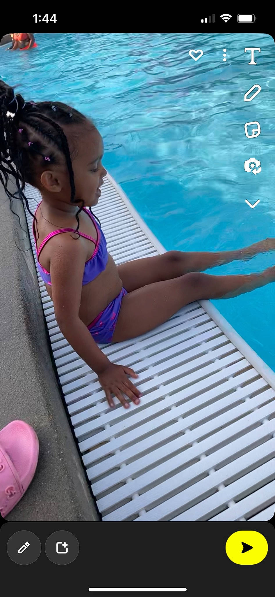 Ocean is registered to the contest to win money with this photo: barefoot, bikini, black_hair, brassiere, foot, fun, human_leg, leg, leisure, outdoor_furniture, person, recreation, sandal, summer, swimming_pool, swimwear, thigh, toddler, undergarment, underpants