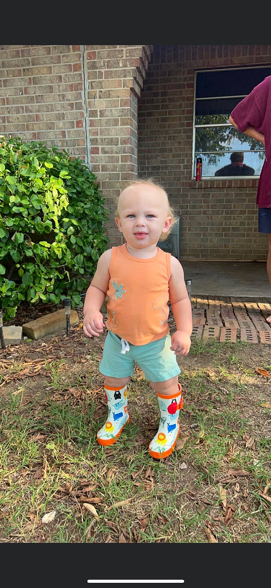 Caysen is registered to the contest to win money with this photo: baby, baby_toddler_clothing, child, fun, garden, grass, happy, human_leg, joy, leaf, leg, leisure, people_in_nature, person, plant, shorts, soil, summer, t_shirt, toddler