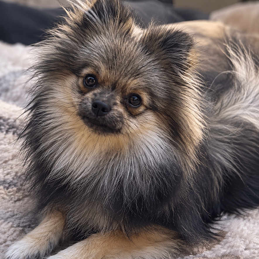 Ayna a rejoint le concours — aidez-le/la à gagner de superbes lots ! dog, puppy, fluffy, long_hair, small_dog, portrait, sitting, indoor, rug, carpet, home, pet, companion_animal, brown, black, gray, cream, fur, head_tilt, adorable
