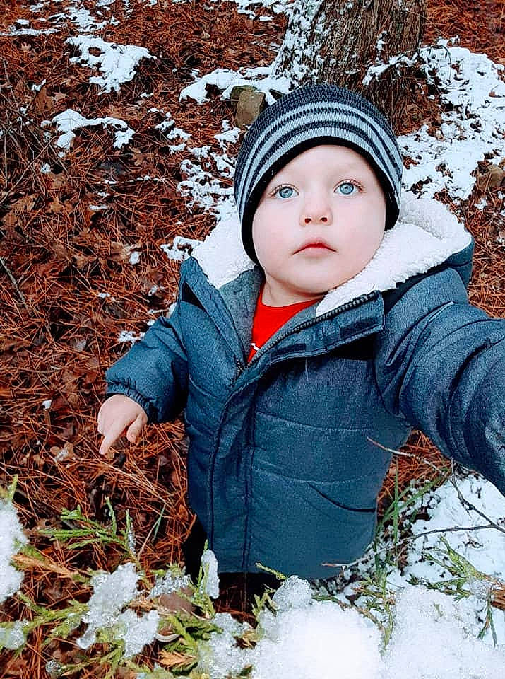 Clay joined the competition — help win amazing prizes! baby_toddler_clothing, beanie, bonnet, cheek, child, freezing, frost, glove, headwear, hood, hoodie, jacket, knit_cap, mouth, nose, people_in_nature, person, precipitation, snow, toddler