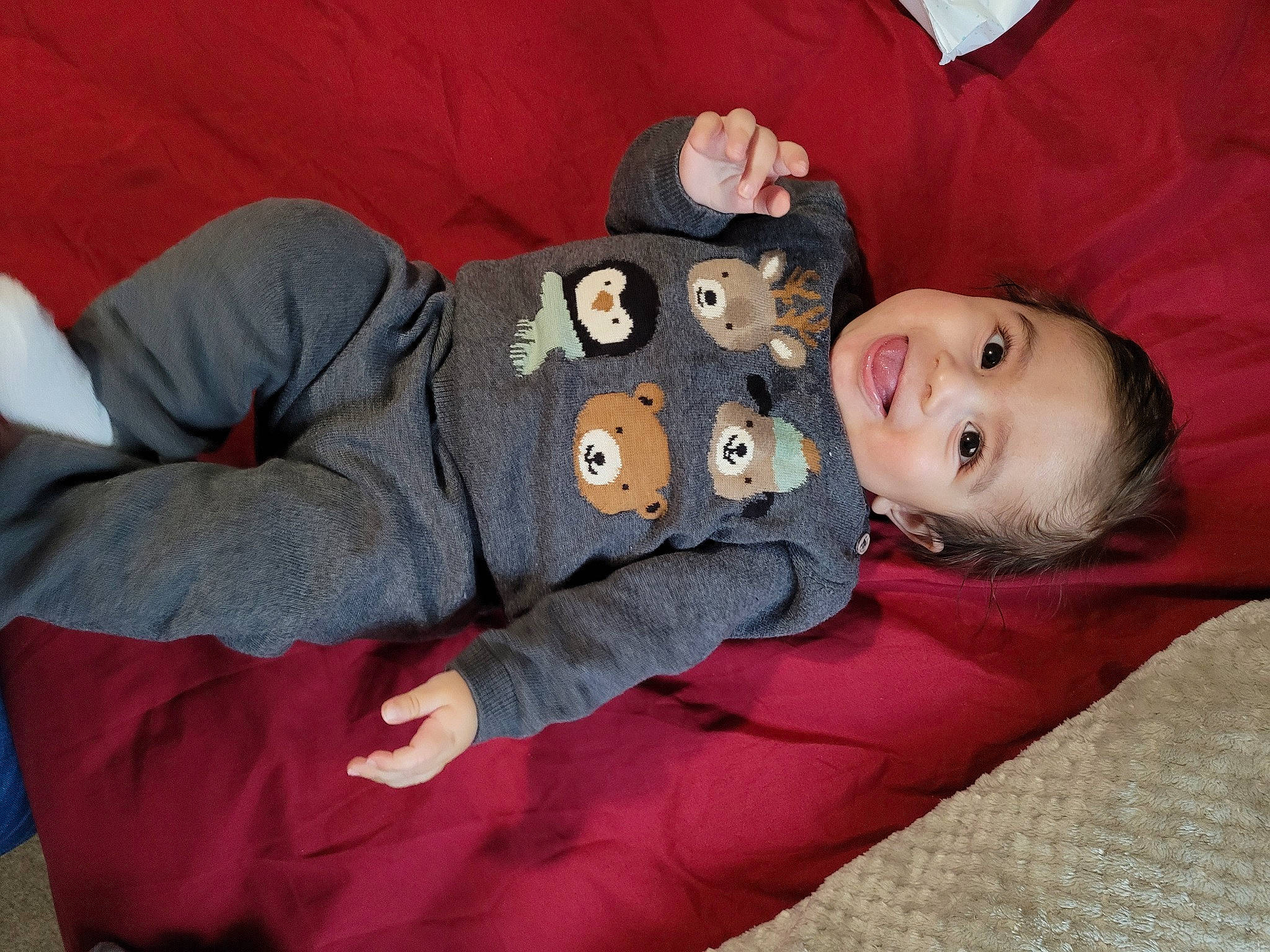 Jeremy joined the competition — help win amazing prizes! baby, baby_toddler_clothing, child, comfort, flooring, fun, fur, happy, joy, lap, linens, mammal, orange, person, sitting, sleeve, smile, toddler