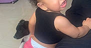 Sariah is registered to the contest to win money with this photo: baby, black_top, child, curly_hair, cute, domestic_animal, floor, furniture, home, indoor, leaning, looking_back, person, pet, pink_shorts, playful, puppy, storage_boxes, toddler, toys