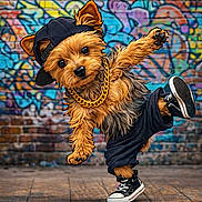 Marine a rejoint le concours — aidez-le/la à gagner de superbes lots ! animal, baggy_pants, brick_wall, cap, colorful, cute, dance_pose, dog, fashion, gold_chain, graffiti, hip_hop, outdoor, pet, playful, portrait, sneakers, street_style, urban, yorkshire_terrier