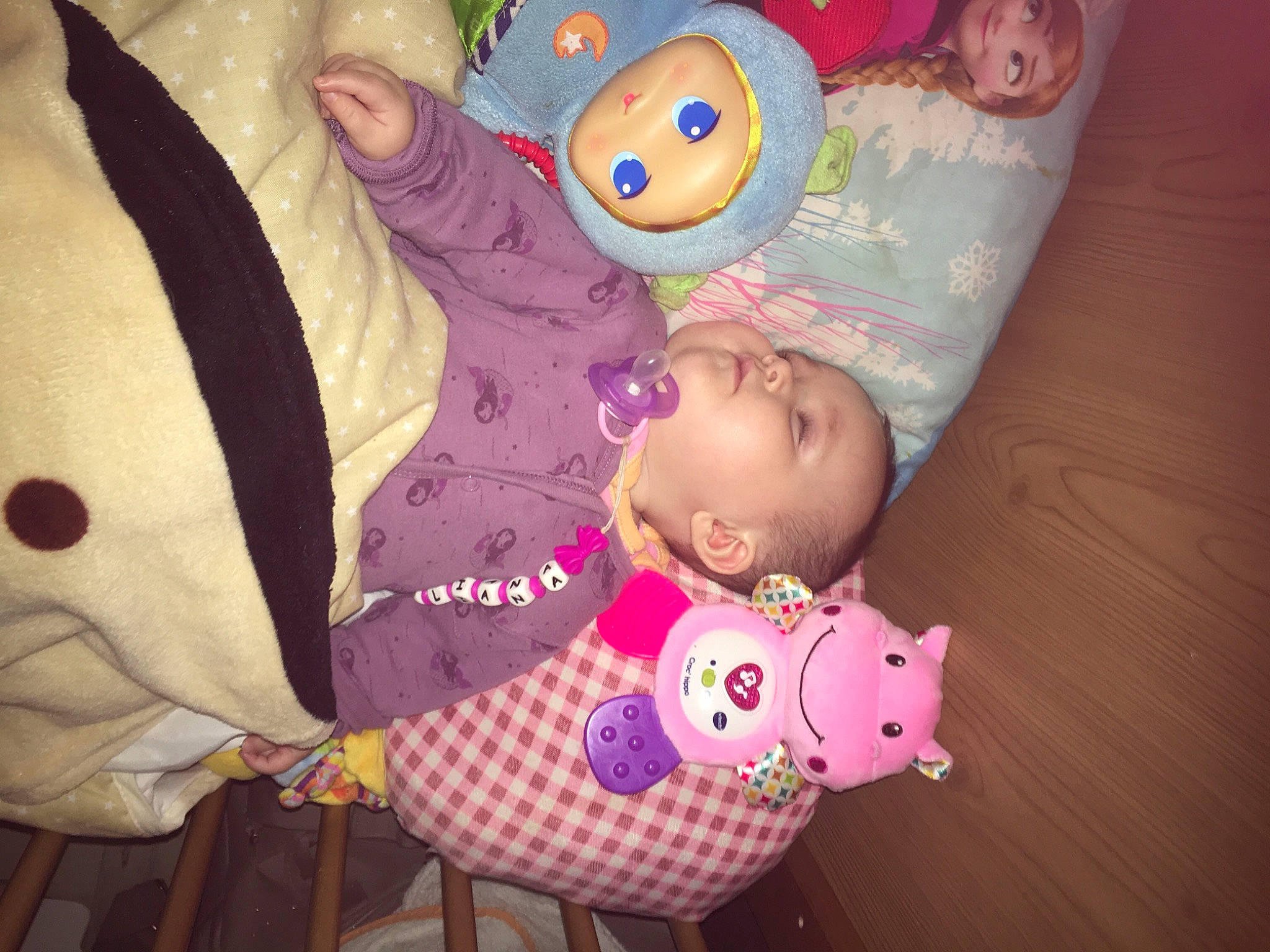 Eliana participe au concours pour gagner de l'argent avec cette photo : baby, baby_products, baby_toddler_clothing, baby_toys, cheek, child, face, happy, pattern, person, pink, plush, product, purple, room, sleeve, stuffed_toy, textile, toddler, toy