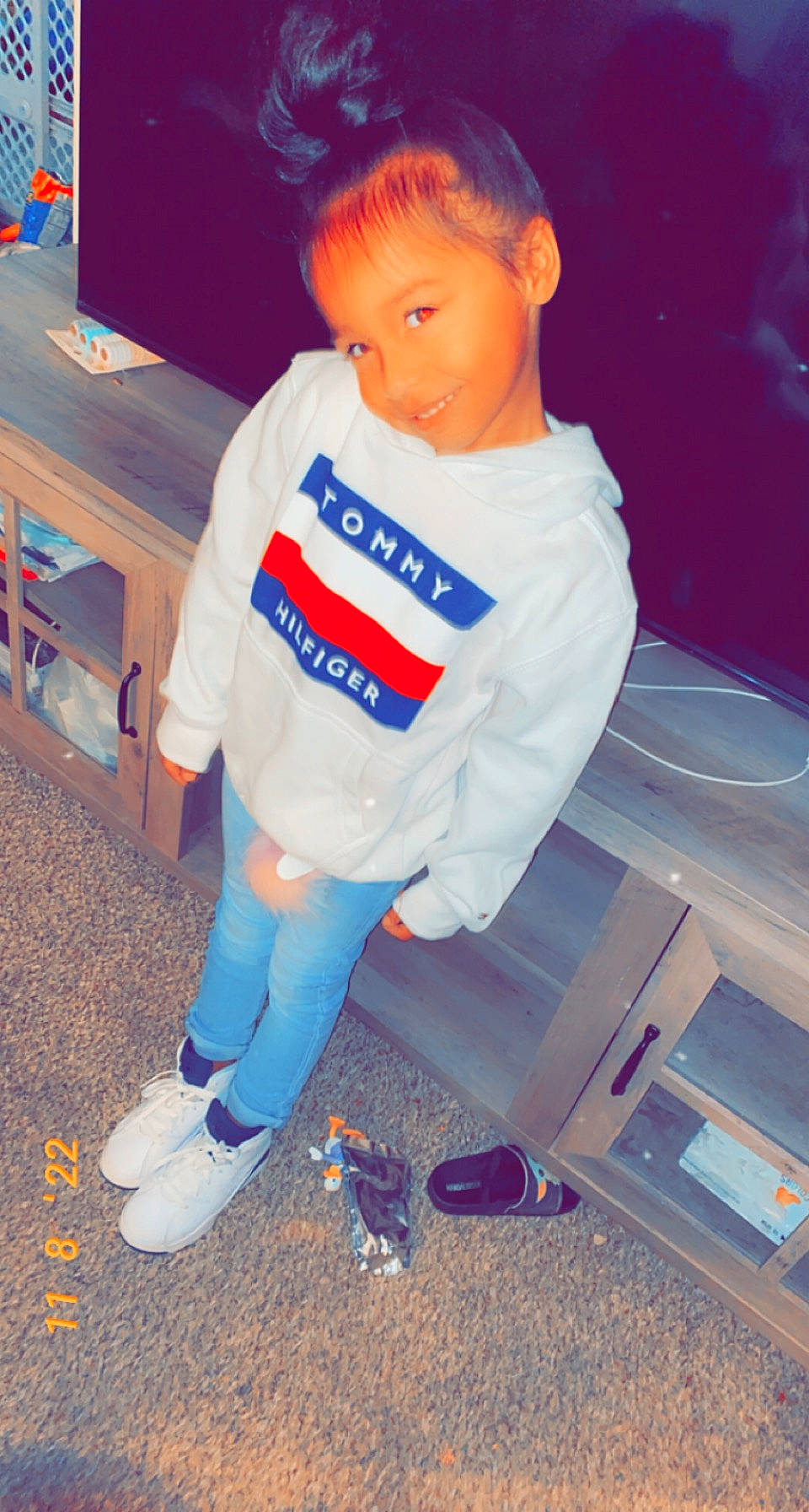 Leighton joined the competition — help win amazing prizes! baby_toddler_clothing, chair, child, cool, electric_blue, flooring, fun, human_leg, knee, leisure, person, sitting, sleeve, sock, sportswear, standing, sweatpant, t_shirt, table, thigh