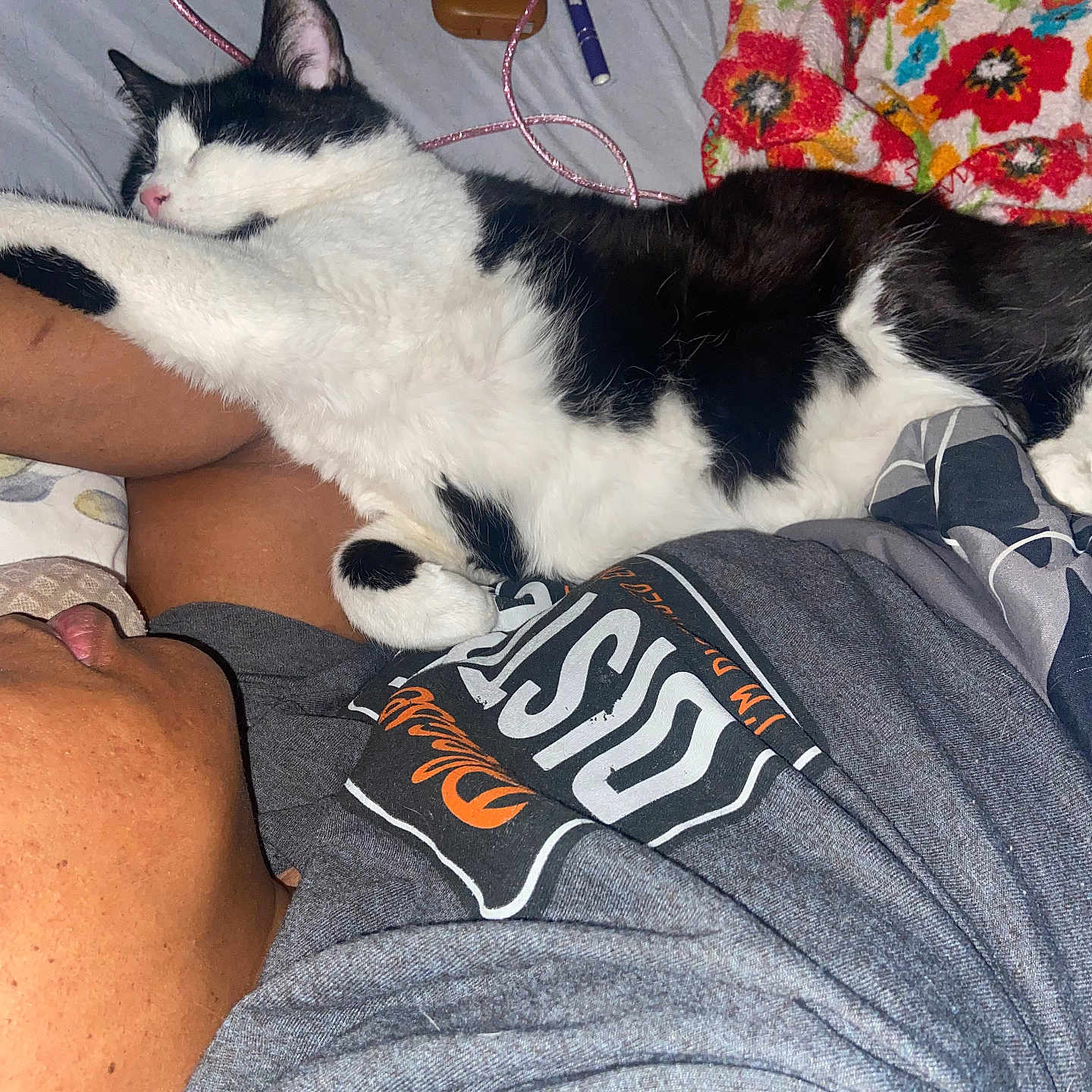 Anikin Skywalker joined the competition — help win amazing prizes! arm, bed, black_and_white_cat, blanket, cat, charger, close_up, cozy, domestic, floral_pattern, gray_shirt, human, indoor, paw, pen, person, phone, relaxing, resting, sleeping_cat