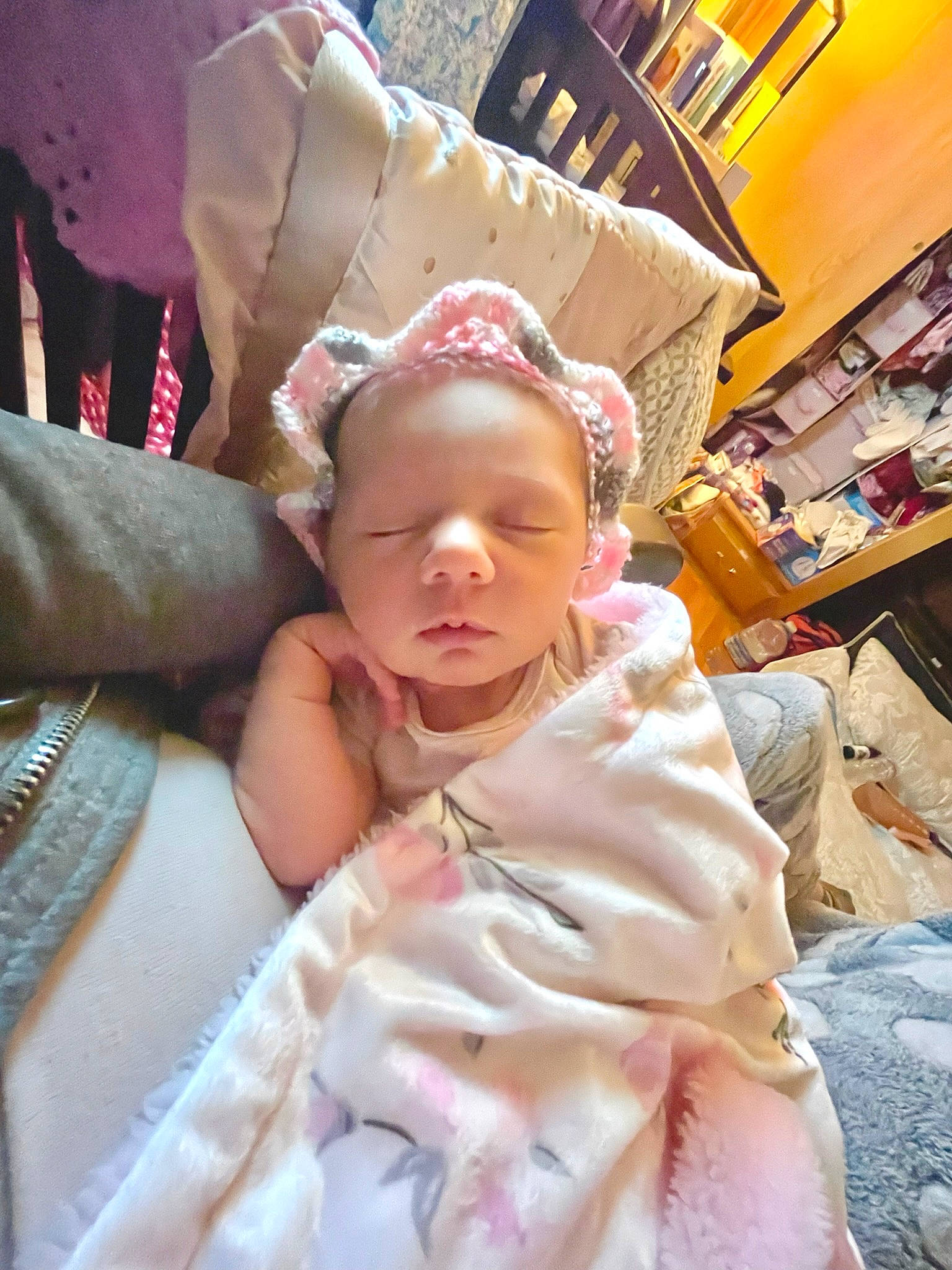 Sydney is registered to the contest to win money with this photo: baby, baby_products, baby_safety, baby_toddler_clothing, cap, cheek, child, comfort, event, fun, hat, linens, peach, person, room, shelf, sitting, skin, textile, toddler