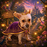 Willa joined the competition — help win amazing prizes! animal, cape, castle, costume, crown, dog, enchanted_forest, fairy, fairy_tale, fantasy, flowers, lanterns, magical, mouse, mushrooms, path, portrait, royal, small_dog, storybook
