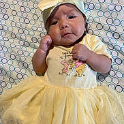 Ella joined the competition — help win amazing prizes! baby, infant, child, portrait, lying_down, yellow_dress, headband, bow, tulle, dress, patterned_blanket, polka_dots, face, hands, indoor, close_up, cute, fashion, newborn, photography