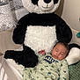 baby, sleeping, stuffed_animal, panda, toy, bed, blanket, knit_blanket, child, infant, sleepwear, cute, cozy, indoor, resting, soft, plush, nursery, peaceful, relaxed