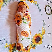 Mely Salguero is registered to the contest to win money with this photo: newborn, baby, sleeping, swaddled, headband, sunflower, floral, milestone_blanket, portrait, closeup, indoors, lying_down, peaceful, infant, face, blanket, yellow, orange, photography, calendar