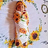 newborn, baby, sleeping, swaddled, headband, sunflower, floral, milestone_blanket, portrait, closeup, indoors, lying_down, peaceful, infant, face, blanket, yellow, orange, photography, calendar