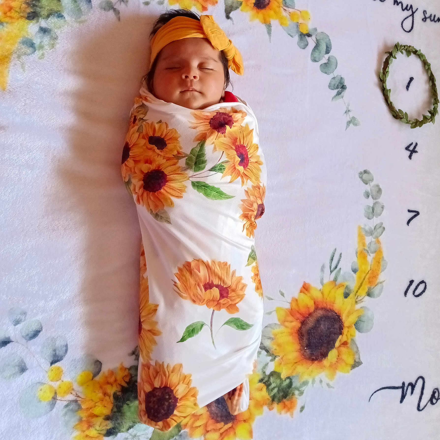 Mely Salguero is registered to the contest to win money with this photo: newborn, baby, sleeping, swaddled, headband, sunflower, floral, milestone_blanket, portrait, closeup, indoors, lying_down, peaceful, infant, face, blanket, yellow, orange, photography, calendar