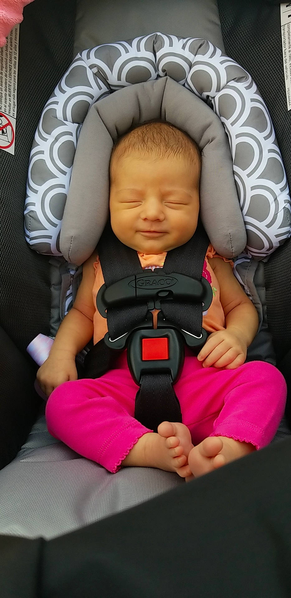 Caylee is registered to the contest to win money with this photo: auto_part, baby, baby_in_car_seat, baby_products, car_seat, car_seat_cover, child, comfort, neck, person, pink, product, seat_belt, toddler