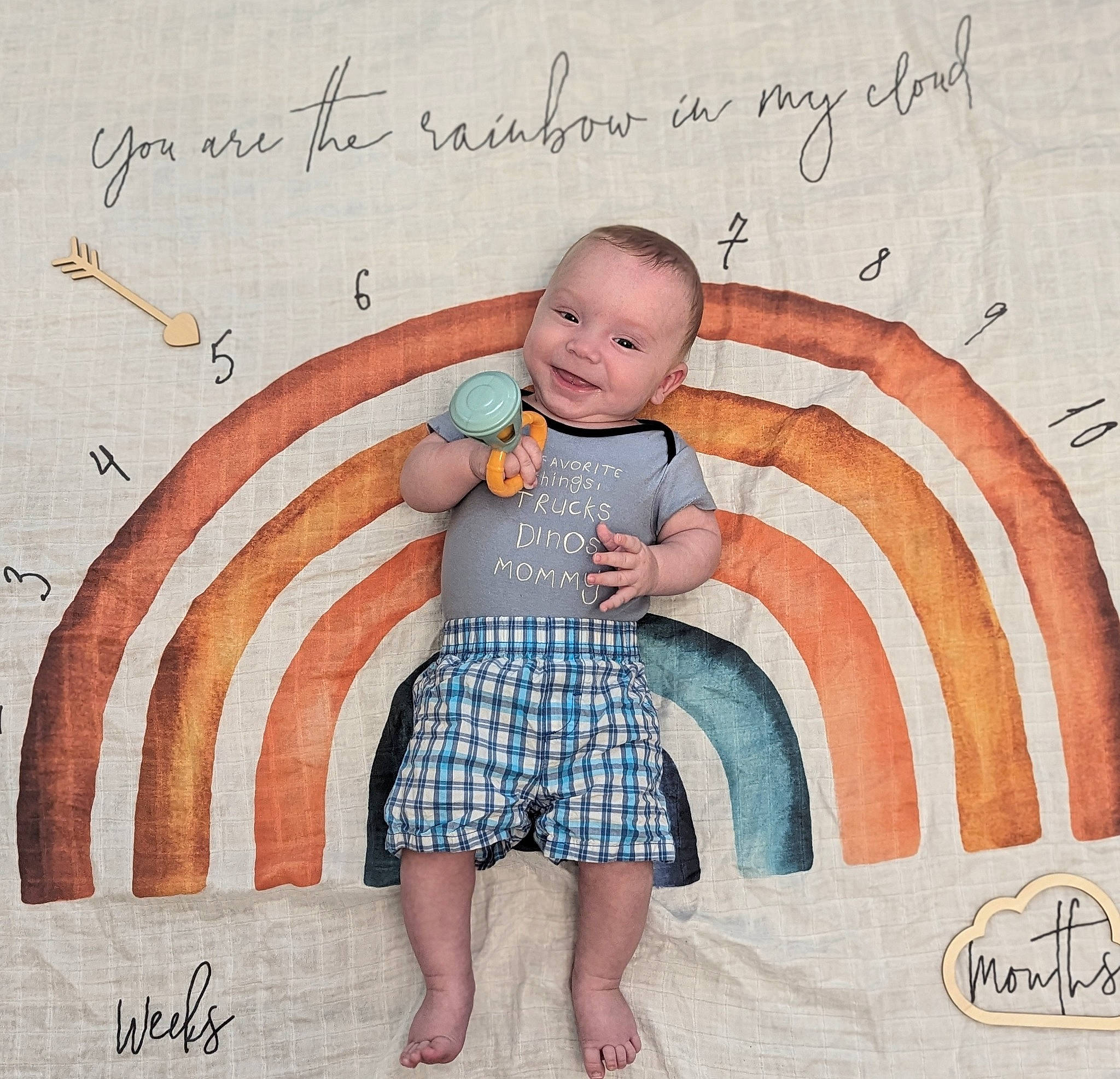 Killian joined the competition — help win amazing prizes! baby, baby_toddler_clothing, barefoot, child, design, facial_expression, font, handwriting, happy, joy, organ, paper_product, pattern, person, plaid, rectangle, sitting, sleeve, smile, t_shirt