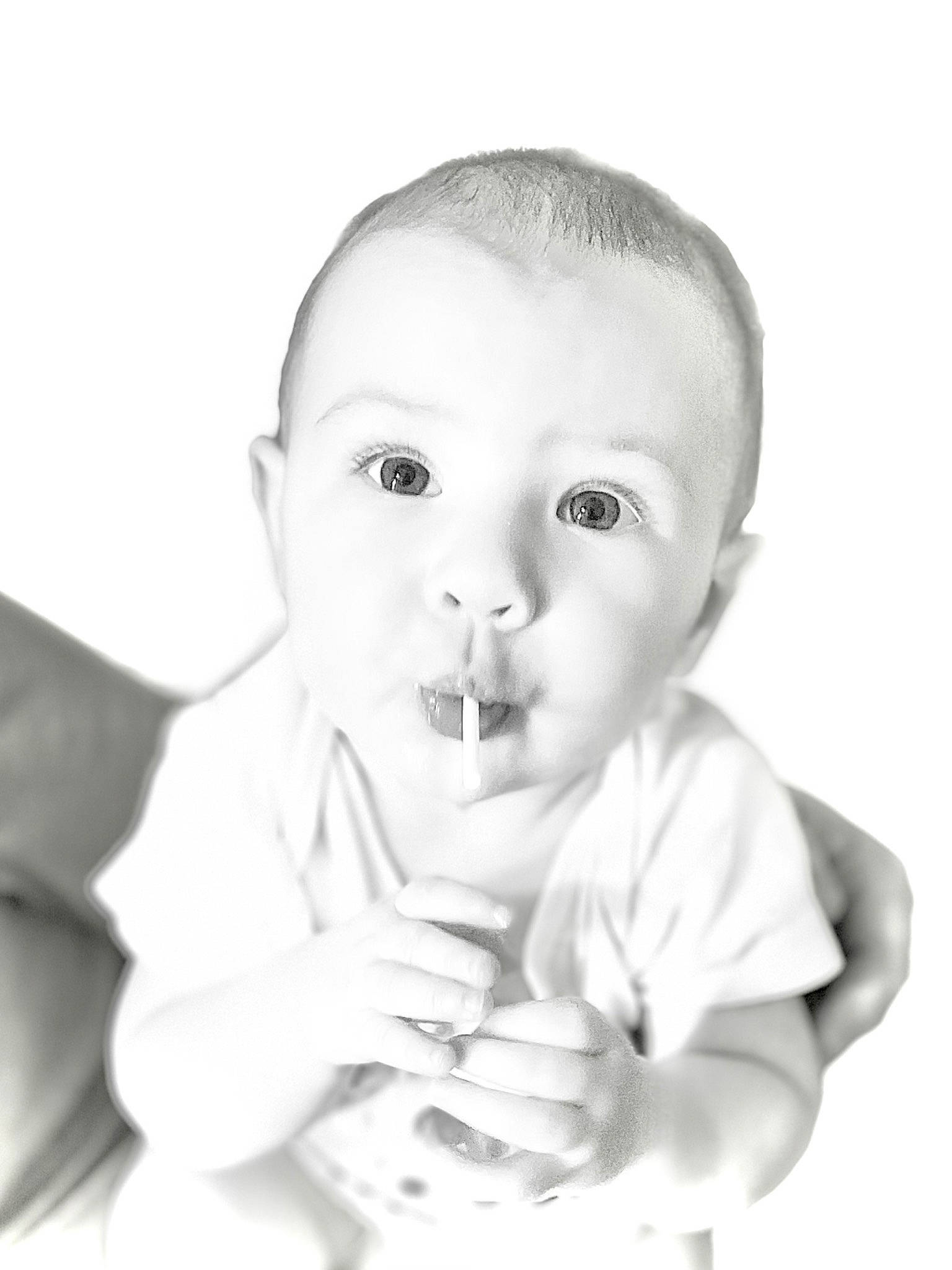 Myra joined the competition — help win amazing prizes! baby, baby_toddler_clothing, cheek, child, comfort, ear, eyelash, finger, flash_photography, gesture, happy, iris, lip, monochrome, monochrome_photography, no_expression, nose, person, sleeve, thumb