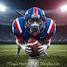 Texas is registered to the contest to win money with this photo: dog, football, helmet, jersey, sports, stadium, field, grass, animal, pet, american_football, uniform, closeup, playing_field, sport_equipment, team_sport, action_pose, outdoor, athlete, competition