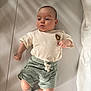 Ethan a rejoint le concours — aidez-le/la à gagner de superbes lots ! baby, infant, child, lying_down, shirt, shorts, socks, face, head, skin, expression, soft_lighting, indoor, blanket, fabric, comfort, cute, calm, young, portrait