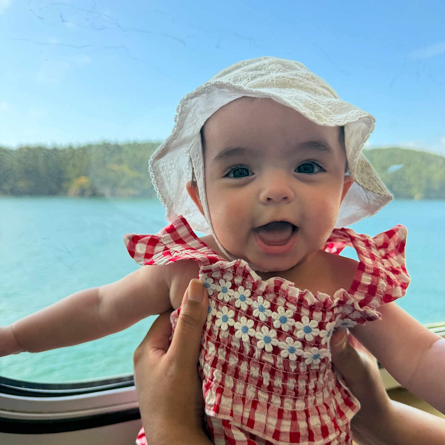 Lilybeth is registered to the contest to win money with this photo: baby, child, smiling, hat, red_dress, checkered, floral, hands, window, water, lake, scenic_view, sunny, happy, portrait, cute, infant, outdoor_background, blue_sky, nature